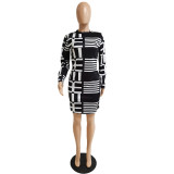 Black & White Print Long Sleeve Bodycon Dress