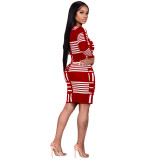 Geometric Print Red Long Sleeve Bodycon Dress