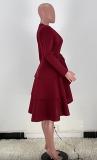 Burgundy Deep-V Irregular Layered Dress
