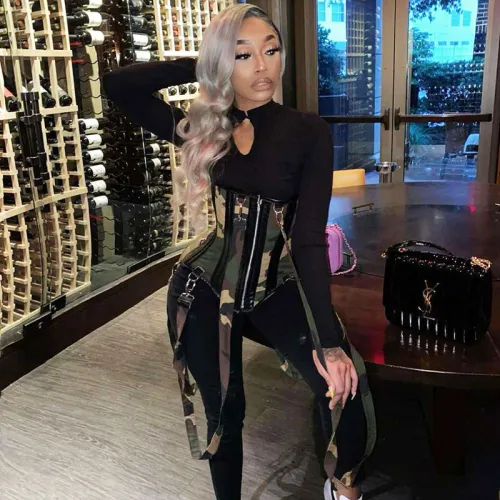 Black Bodycon Jumpsuit with Camo Print Corset 2PCS