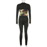 Black Bodycon Jumpsuit with Camo Print Corset 2PCS