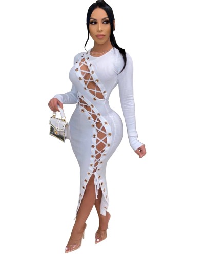 Hollow-out Lace Up Bodycon Midi Club Dress