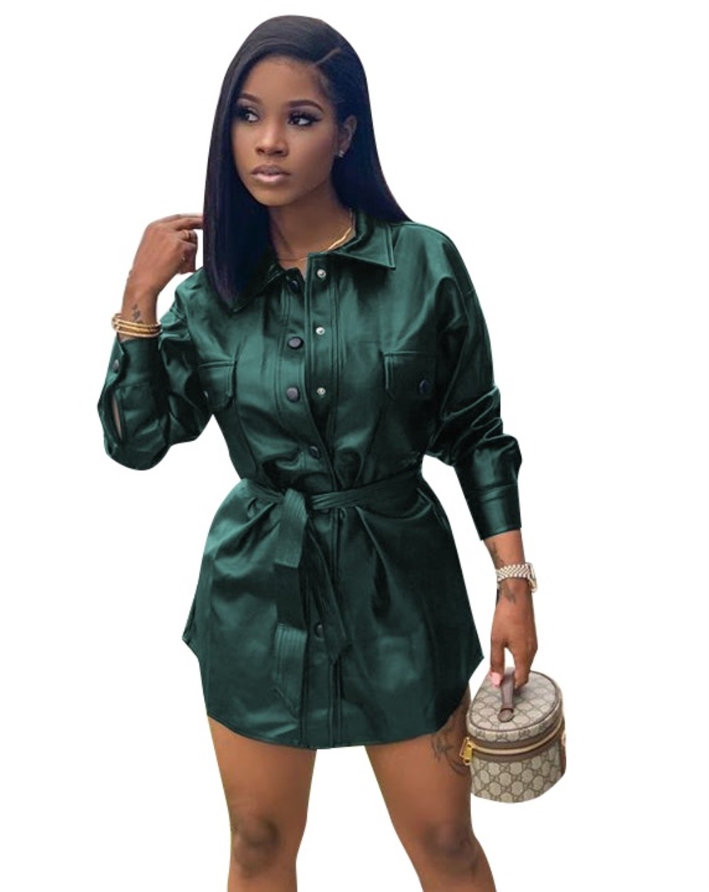 Dark Green PU Leather Shirt Dress with Belt On Sale For US