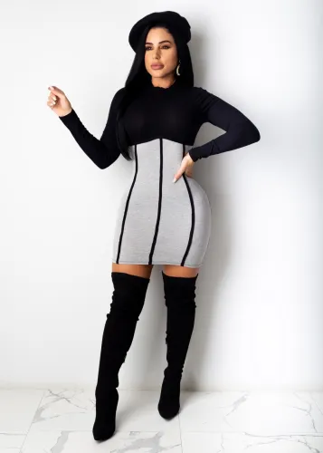 Contrast Long Sleeve Short Bodycon Dress
