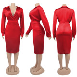 Plus Size Red Deep-V Bodysuit and Sheath Skirt Set