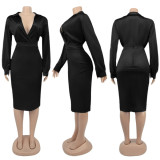 Plus Size Black Deep-V Bodysuit and Sheath Skirt Set