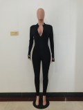 Pure Color Long Sleeve Bodycon Zip Up Slit Bottom Jumpsuit