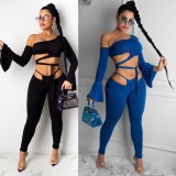 Cutout Flare Cuff Crop Top and Pants Sexy Two Piece Set