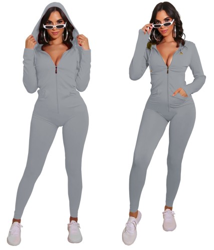 Pure Color Zip Up Hooded Sporty Jumpsuit