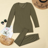 Army Green Leisure Slip Top & Tight Pants Two Piece Set