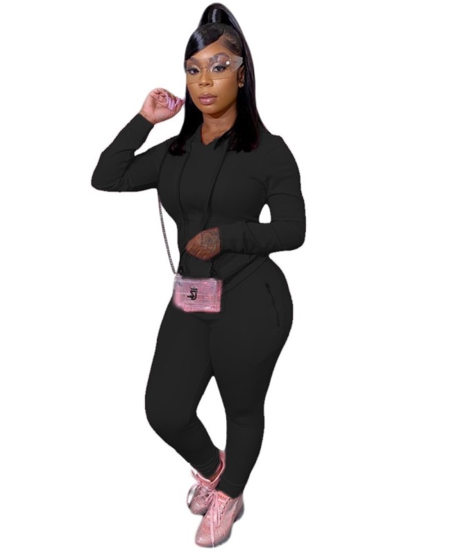 Pure Color Hooded Sweatsuit with Pockets