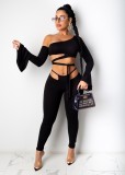 Cutout Flare Cuff Crop Top and Pants Sexy Two Piece Set