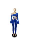 Cutout Flare Cuff Crop Top and Pants Sexy Two Piece Set