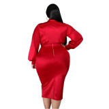 Plus Size Red Deep-V Bodysuit and Sheath Skirt Set