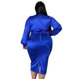 Plus Size Blue Deep-V Bodysuit and Sheath Skirt Set