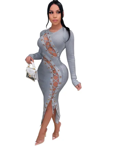 Hollow-out Lace Up Bodycon Midi Club Dress