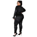 Plus Size Black Deep-V Bodysuit and Pants Set