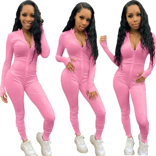 Pure Color Long Sleeve Bodycon Zip Up Slit Bottom Jumpsuit