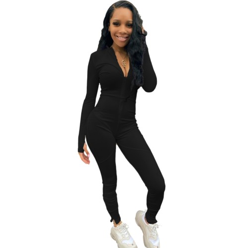 Pure Color Long Sleeve Bodycon Zip Up Slit Bottom Jumpsuit