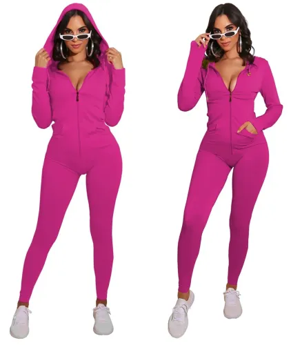 Pure Color Zip Up Hooded Sporty Jumpsuit