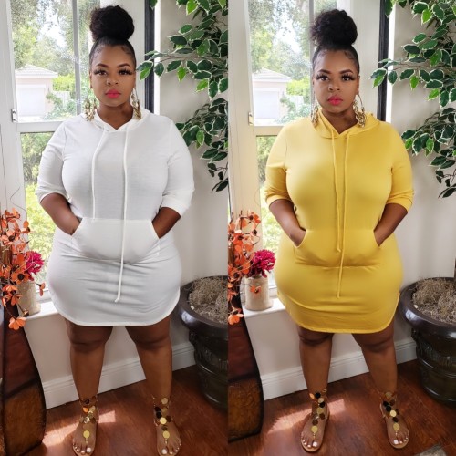 Plus Size Solid Hooded Sweat Dress with Pockets