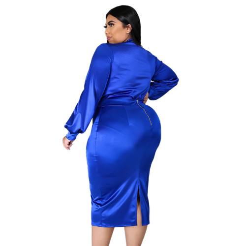 Plus Size Blue Deep-V Bodysuit and Sheath Skirt Set