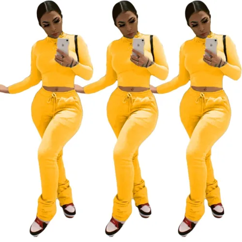 Pure Solid Winter Long Sleeve Crop Top and Pants Set