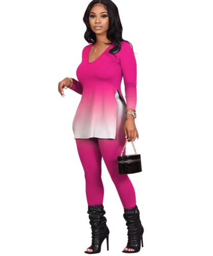 Gradient Slit Long Sleeve Tee and Pants Set Two Piece Outfits