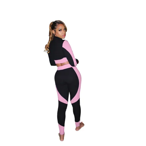 Fitness Contrast Zipper Crop Top and Pants Set