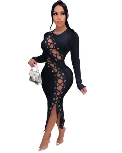 Hollow-out Lace Up Bodycon Midi Club Dress