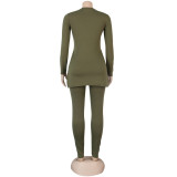 Army Green Leisure Slip Top & Tight Pants Two Piece Set