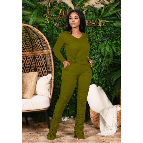 Pure Color V Neck Casual Top and Stack Pants Set