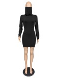 Plain Color Long Sleeve Mini Dress with Built-in Mask