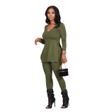 Army Green Leisure Slip Top & Tight Pants Two Piece Set