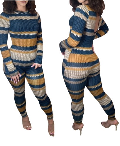Wavy Striped Long Sleeve Slinky Jumpsuit