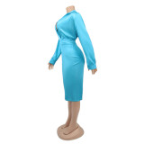 Plus Size Light Blue Deep-V Bodysuit and Sheath Skirt Set