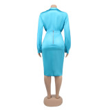 Plus Size Light Blue Deep-V Bodysuit and Sheath Skirt Set