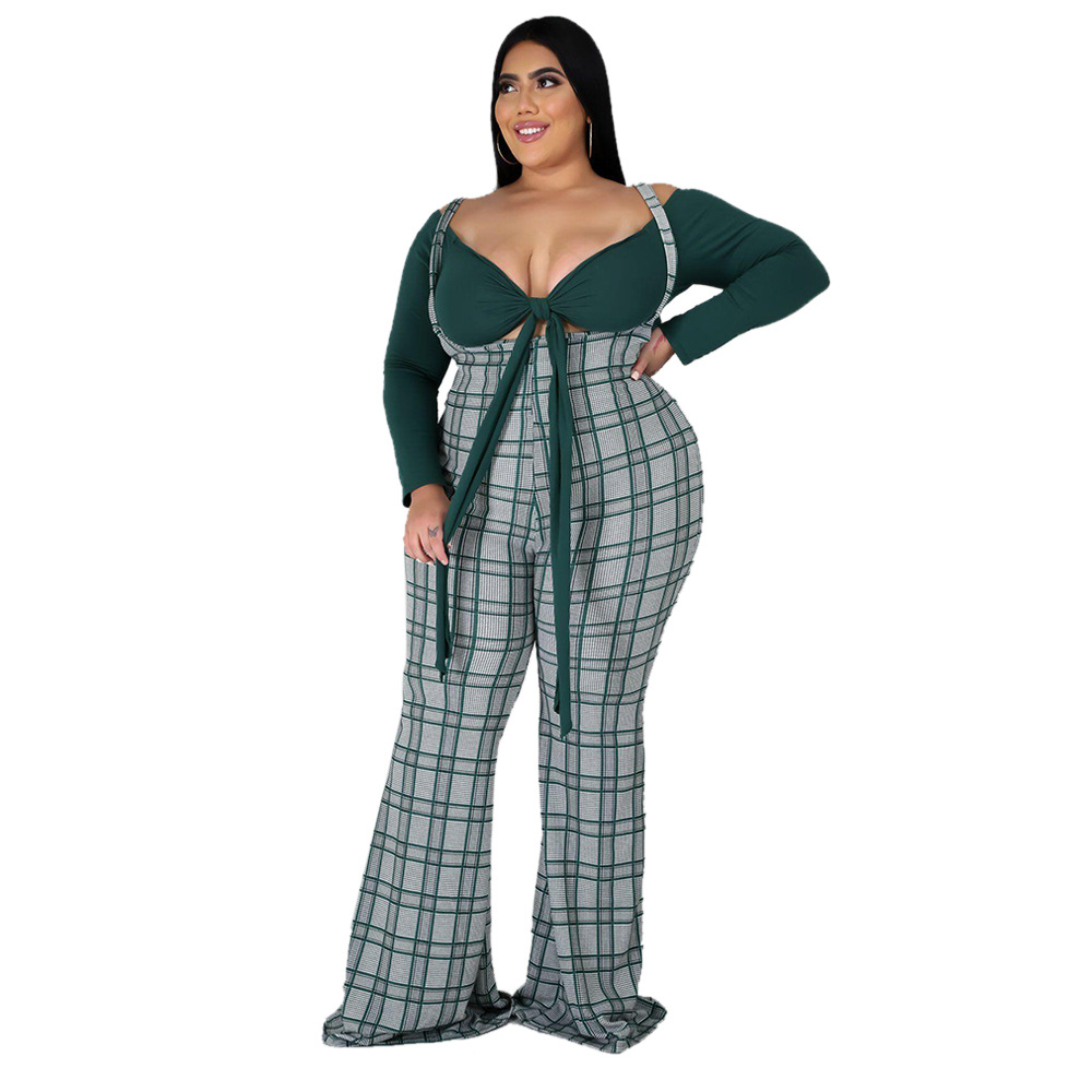 Plus Size Plaid Suspender Pants with white Top US$ 9.77 - www.lover-pretty.com