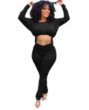 Solid Color Drawstring Crop Top and Stack Pants Outfits