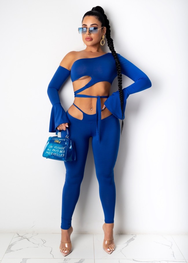 Cutout Flare Cuff Crop Top and Pants Sexy Two Piece Set