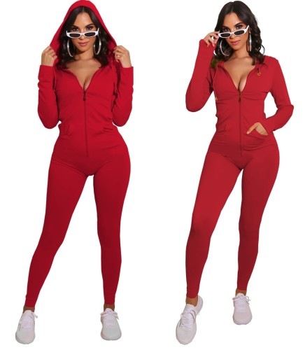 Pure Color Zip Up Hooded Sporty Jumpsuit