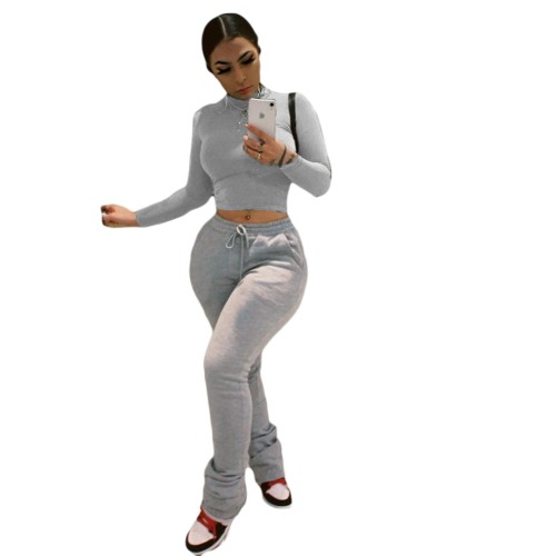 Pure Solid Winter Long Sleeve Crop Top and Pants Set