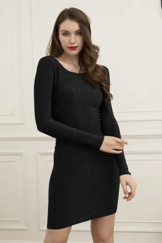Shiny Twist V-Black Sexy Long Sleeve Sheath Dress