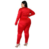 Plus Size Red Deep-V Bodysuit and Pants Set