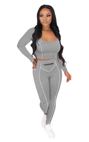 Sporty U Neck Crop Top and Pants Set