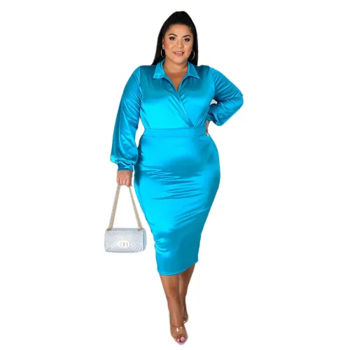 Plus Size Light Blue Deep-V Bodysuit and Sheath Skirt Set