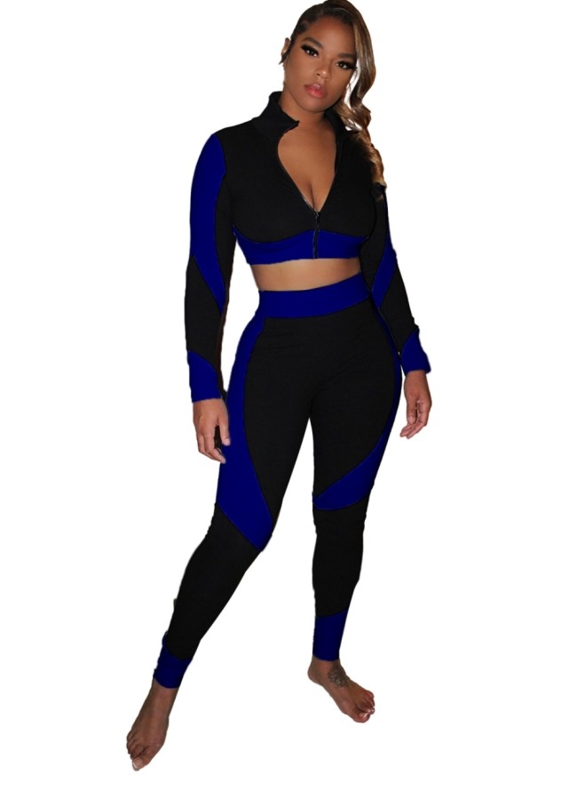 Fitness Contrast Zipper Crop Top and Pants Set