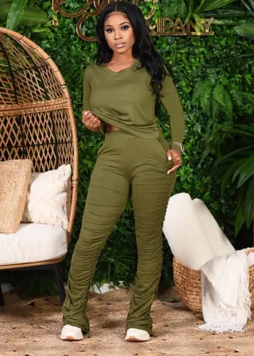 Pure Color V Neck Casual Top and Stack Pants Set