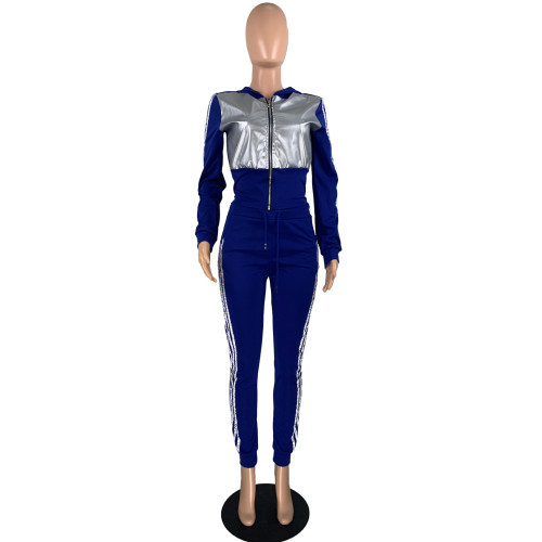 Zipper Hooded PU Patchwork Wholesale Two Piece Set