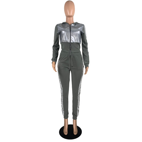 Zipper Hooded PU Patchwork Wholesale Two Piece Set